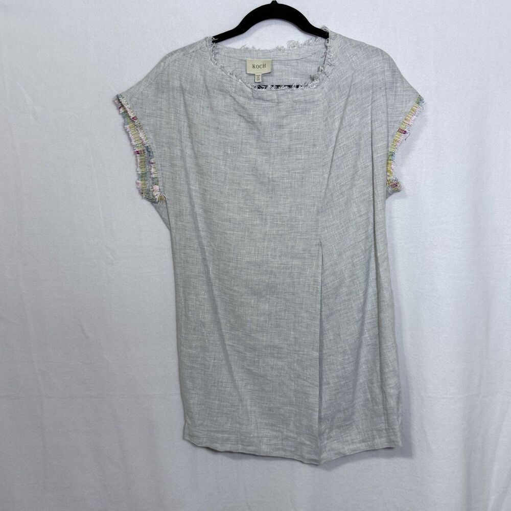 Koch Grey Linen Blend Boho Embroidered Trim Boxy Cap Sleeve Mini Dress Size XS